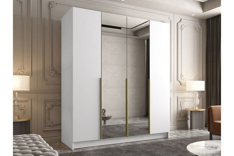 Vadstena Garderobe med Speil 200 cm - Hvit/Gull - Oppbevaring - Garderober & garderobesystem