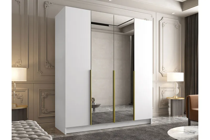 Vadstena Garderobe med Speil 200 cm - Hvit/Gull - Oppbevaring - Garderober & garderobesystem