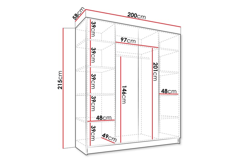 Vadstena Garderobe med Speil 200 cm - Hvit/Gull - Oppbevaring - Garderober & garderobesystem