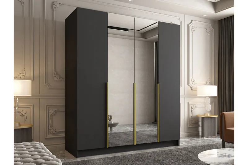 Vadstena Garderobe med Speil 200 cm - Svart/Gull - Oppbevaring - Garderober & garderobesystem