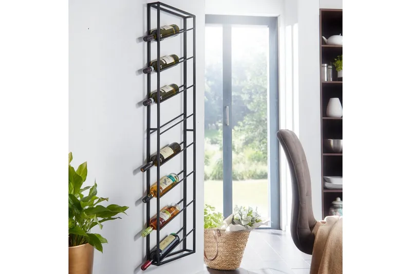 Vinstativ Wohnling veggmontert, plass til 8 flasker, pulverlakkert metall, industriell loftstil Svart - Svart - Servering & borddekking - Karaffler og mugger - Glassflaske