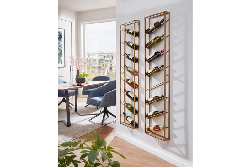 Vinstativ Wohnling veggmontert, plass til 8 flasker, pulverlakkert metall, industriell loftstil Gull - Gull - Servering & borddekking - Karaffler og mugger - Glassflaske