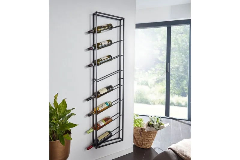 Vinstativ Wohnling veggmontert, plass til 8 flasker, pulverlakkert metall, industriell loftstil Svart - Svart - Servering & borddekking - Karaffler og mugger - Glassflaske