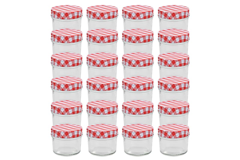 Syltetøyglass med hvite og røde lokk 24 stk 110 ml - Oppbevaringsboks - Oppbevaring til småting - Bokser & syltetøyglass