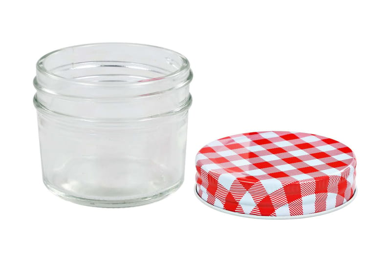 Syltetøyglass med hvite og røde lokk 24 stk 110 ml - Oppbevaringsboks - Oppbevaring til småting - Bokser & syltetøyglass