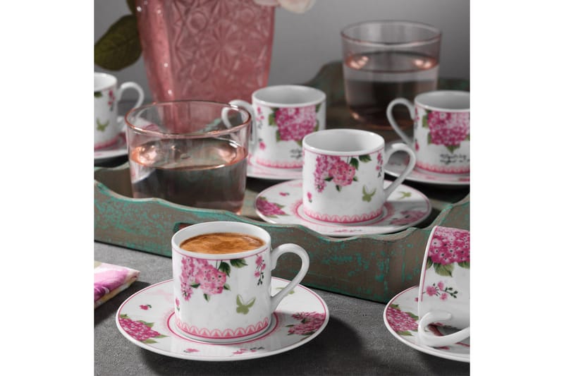 Kaffeservise Adine 12 Deler Porselen - Hvit|Rosa|Grønn - Kaffekopp & kaffekrus - Porselen
