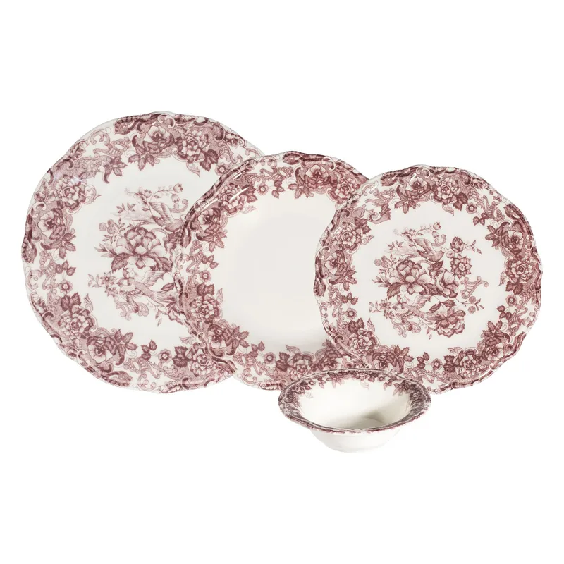 Middagsservise (24 deler) Opviq Antigue Fulya 24 (32 x 36 x 41 cm) Hvit Mørk bordeaux - Hvit og mørk burgunder - Servering & borddekking - Tallerkener - Firkantet tallerken