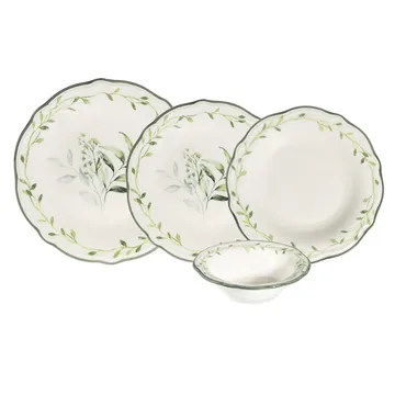 Middagsservise (24 deler) Opviq Olivessa (32 x 36 x 40 cm) Hvit Grønn - Hvit og grønn - Servering & borddekking - Tallerkener - Firkantet tallerken