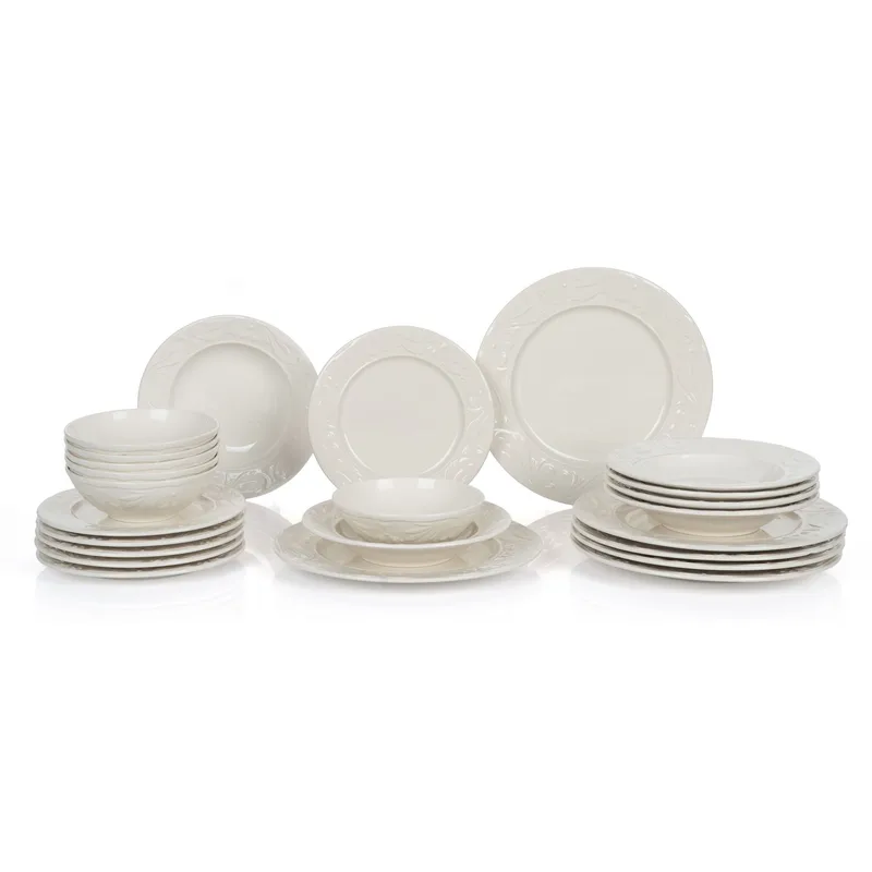 Middagsservise (24 deler) Opviq Rolyefli (32 x 32 x 29 cm) Krem - Krem - Servering & borddekking - Tallerkener - Firkantet tallerken