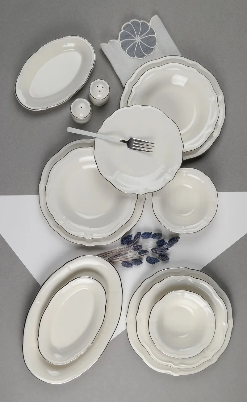 Middagsservise (53 deler) Opviq Platin Yaldiz Fulya 53 (53 x 33 x 36 cm) Hvit sølv - Hvitt og sølv - Servering & borddekking - Tallerkener - Tallerkensett