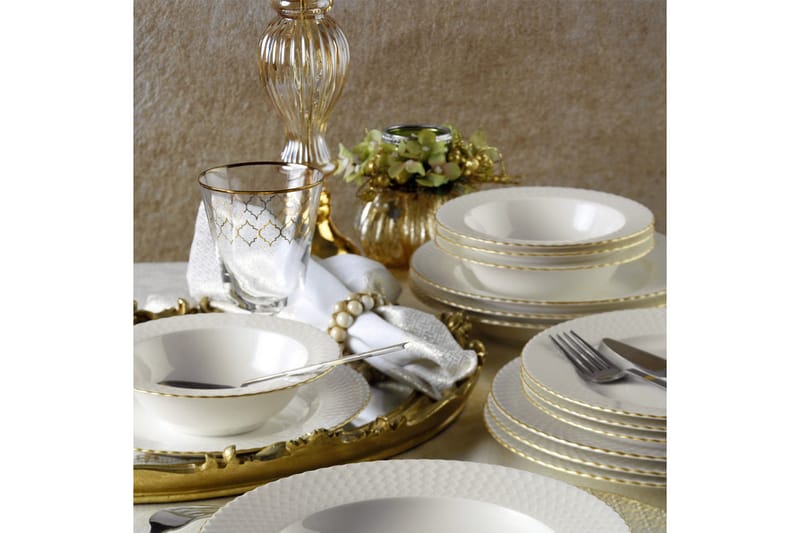 Middagsservise Adine 24 Deler Porselen - Hvit|Gull - Porselen - Porselen servise - Tallerkener