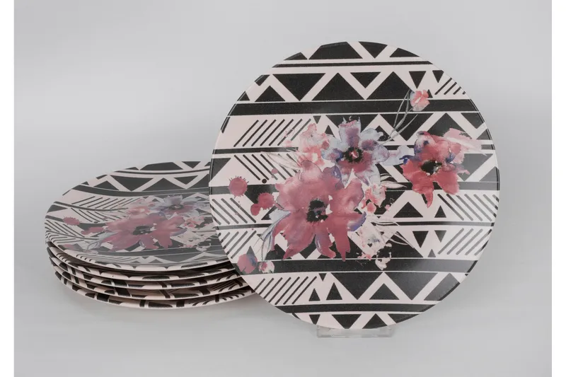 Tallerkensett 6-pk, Hvit/Svart/Lilla