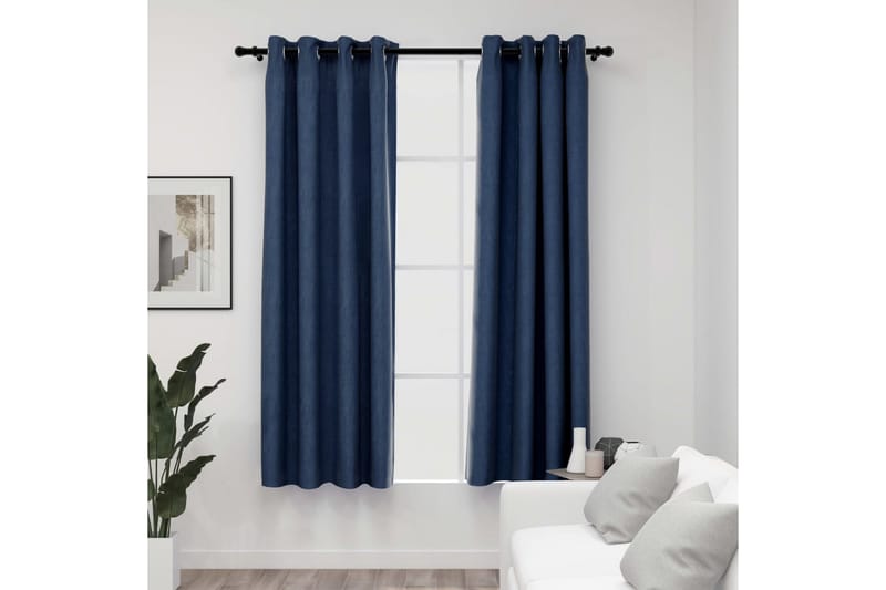 Lystette gardiner maljer og lin-design 2 stk blå 140x175 cm - Blå - Mørkleggingsgardin