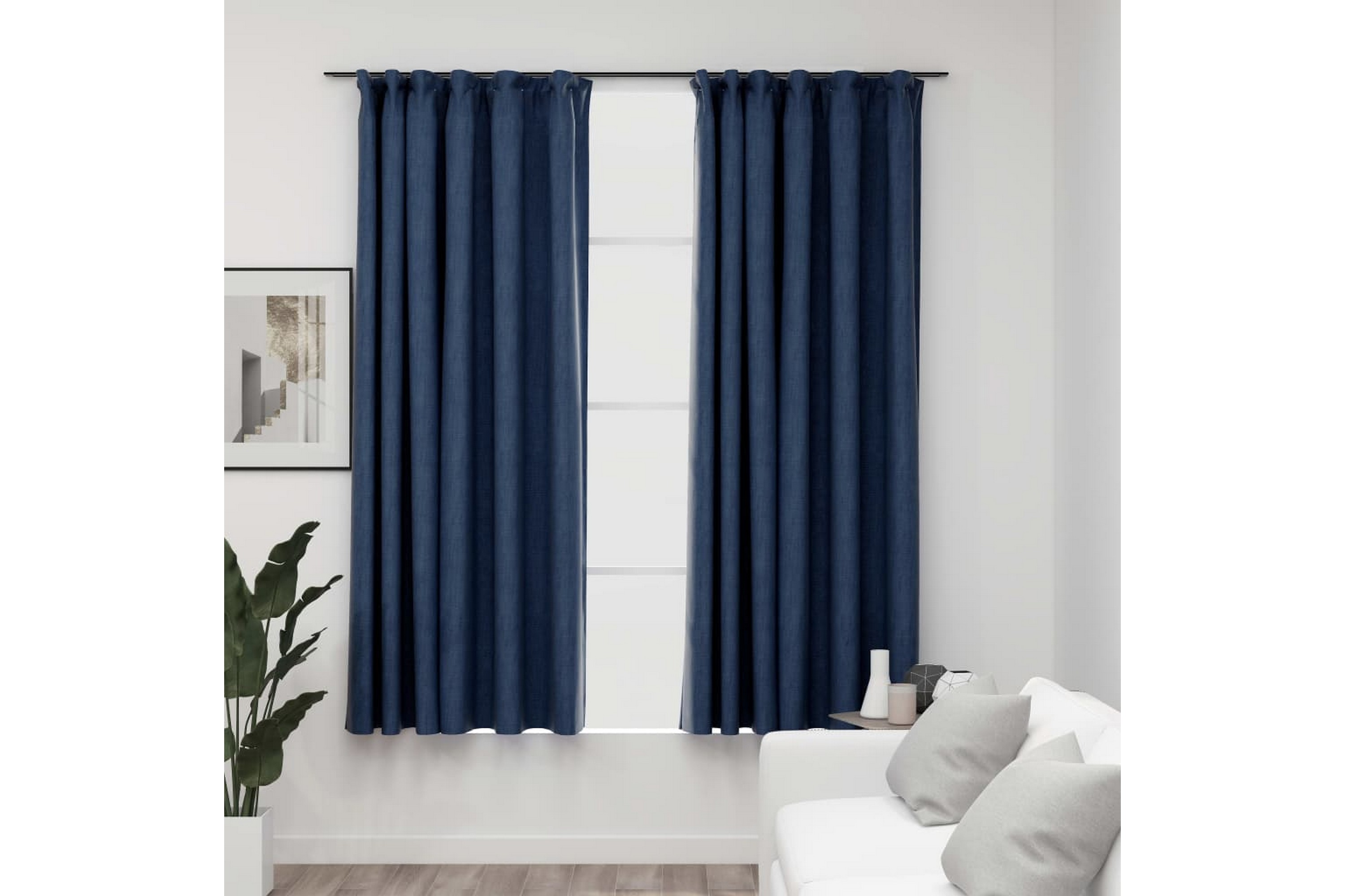 Lystette gardiner med kroker og lin-design 2 stk blå 140x175 - Blå