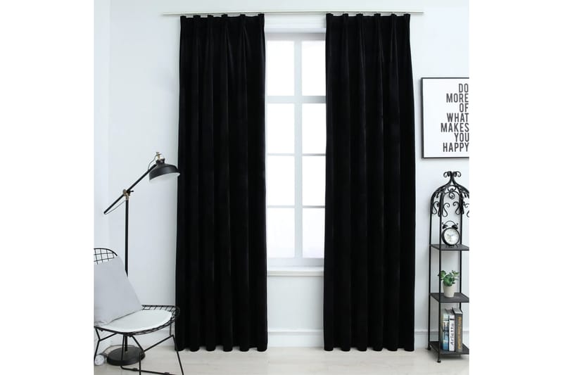 Lystette gardiner med kroker 2 stk fløyel svart 140x225 cm - Mørkleggingsgardin