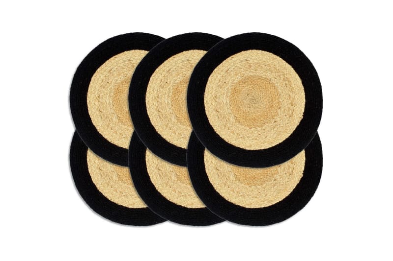 Bordmatter 6 stk naturell og svart 38 cm rund jute og bomull - Bordmatte - Bordbrikke - Kjøkkentekstiler
