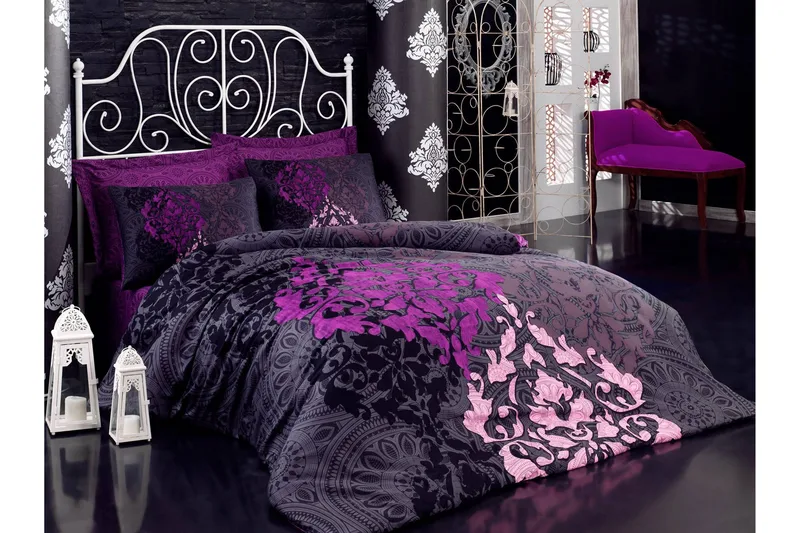 Cotton Box Sengetøy Dobbelt 6-deler Satin, Vinrød/Lilla/Rosa/Svart