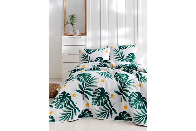 EnLora Home Sengeteppe Dobbelt 200x220+2 Putetrekk, Hvit/Grønn/Gul