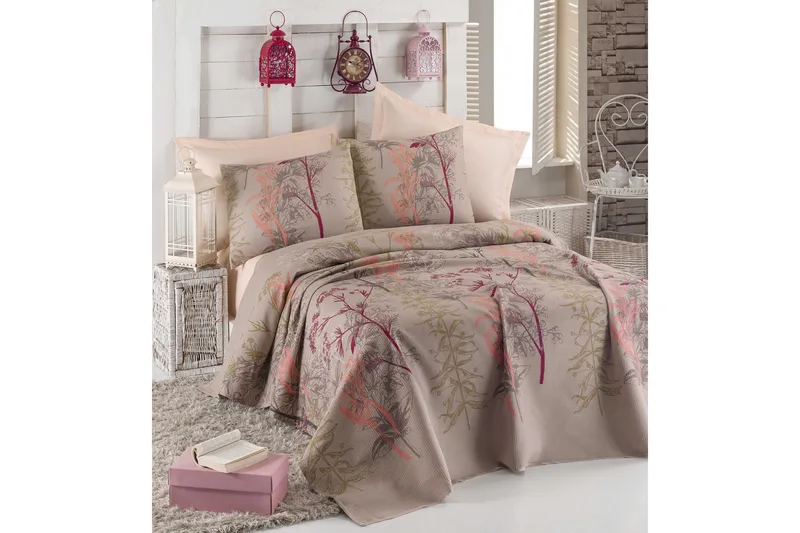 Eponj Home Sengeteppe Dobbelt 200x235+Laken+2 Putetrekk - Beige/Rød/Rosa/Grønn - Tekstiler & tepper - Sengetøy