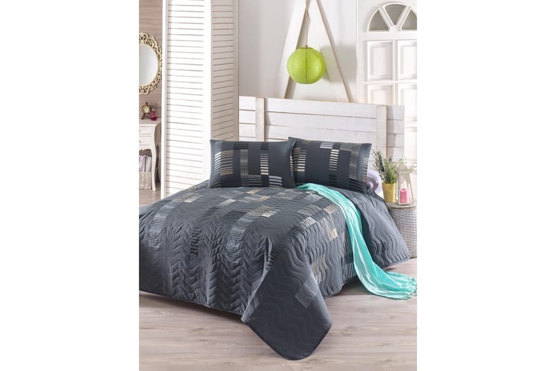 Eponj Home Sengeteppe Enkelt 160x220+Putetrekk Quiltet, Antrasitt/Svart/Hvit