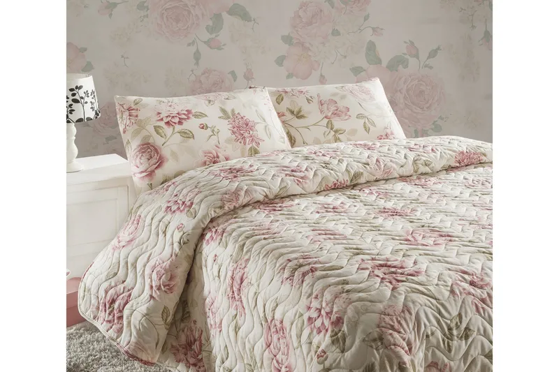 Eponj Home Sengeteppe Enkelt 160x220+Putetrekk Quiltet, Rosa/Sand/Beige