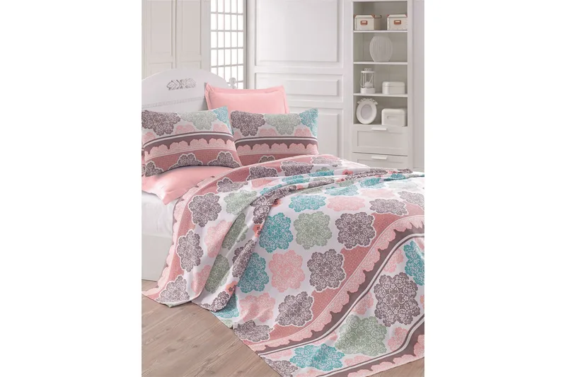 Eponj Home Sengeteppe Enkelt 160x235 cm, Turkis/Rosa/Krem