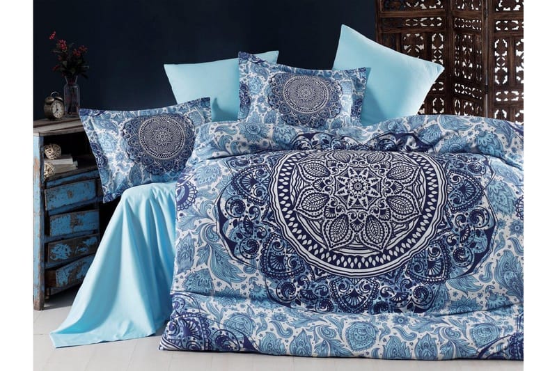 Primacasa by Türkiz Sengetøy Dobbelt 6-deler Satin, Mørkeblå/Hvit/Blå