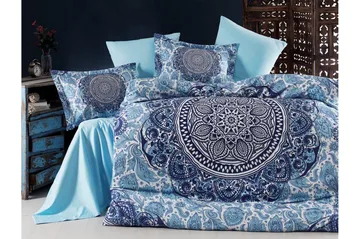 Primacasa by Türkiz Sengetøy Dobbelt 6-deler Satin - Mørkeblå/Hvit/Blå - Tekstiler & tepper - Sengetøy - Sengesett