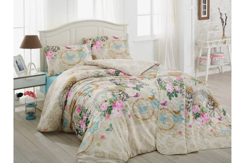 Sengetøy Eponj Home Dobbelt 4-deler, Beige/Hvit/Multi