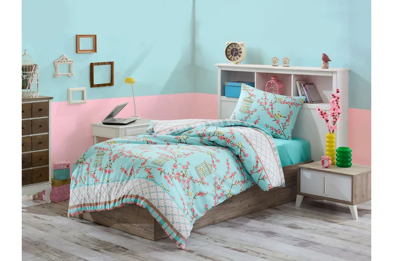 Sengetøy Eponj Home Enkelt 3-deler, Turkis/Hvit/Beige/Rosa