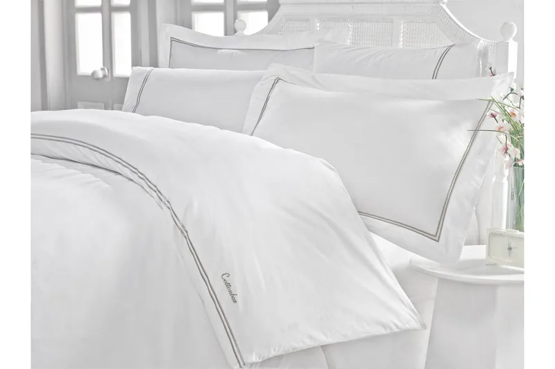 Sengetøysett Cotton Box Dobbelt 6-deler Satin, Hvit/Grå