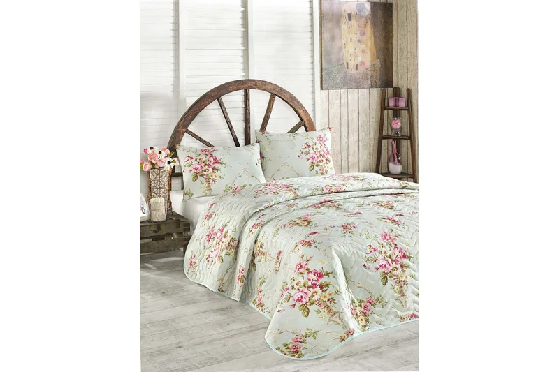 Sengeteppe Eponj Home Enkelt 160x220+Putetrekk Quiltet, Mint/Rosa/Gul/Grønn