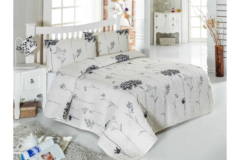 Sengeteppe Eponj Home Enkelt 160x220+Putetrekk Quiltet, Grå/Beige/Svart