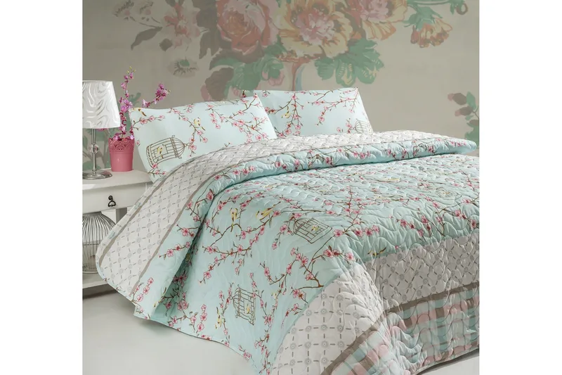 Sengeteppe Eponj Home Enkelt 160x220+Putetrekk Quiltet, Turkis/Hvit/Beige/Rosa
