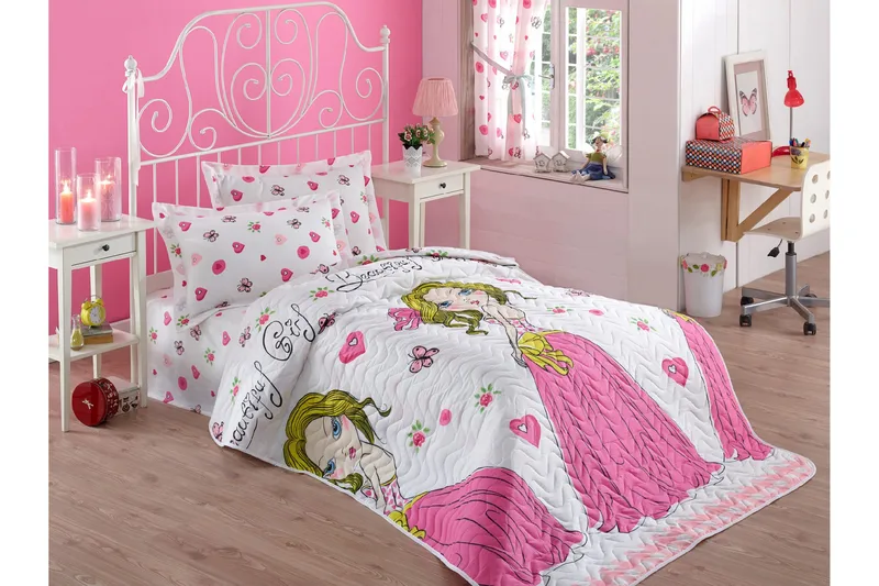 Sengeteppe Eponj Home Enkelt 160x220+Putetrekk Quiltet, Hvit/Rosa/Gul