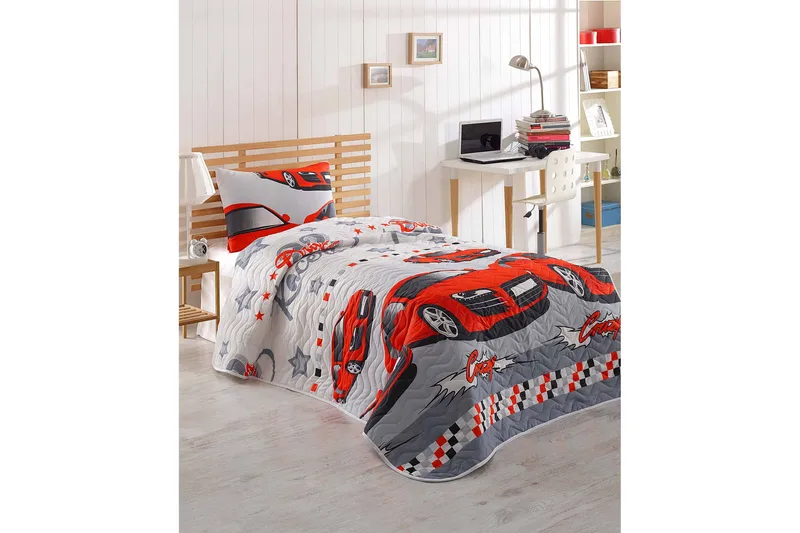Sengeteppe Eponj Home Enkelt 160x220+Putetrekk Quiltet, Rød/Grå/Hvit