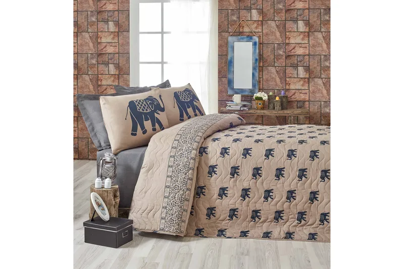 Sengeteppe Eponj Home Enkelt 160x220+Putetrekk Quiltet, Blå/Ljusbrun