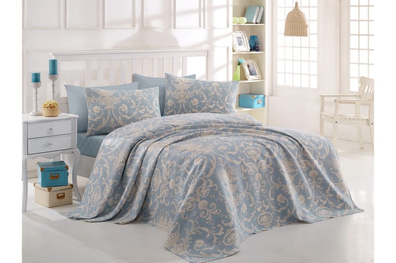 Sengeteppe Eponj Home Enkelt 160x235+Laken+Putetrekk Ranforc, Blå/Hvit