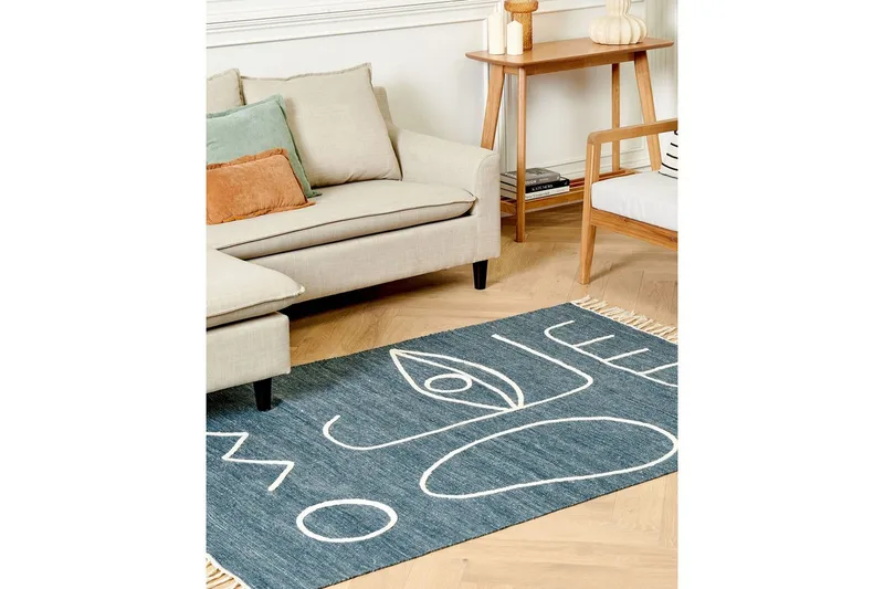 Flatvevd Yavu - Blå, Hvit, 140x200 cm - Tekstiler & tepper - Teppe & matte - Utendørs tepper