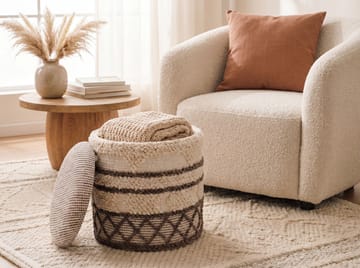 Volen rund sittepuff med oppbevaring i ullstoff - beige - Tekstiler & tepper - Tepper & pledd