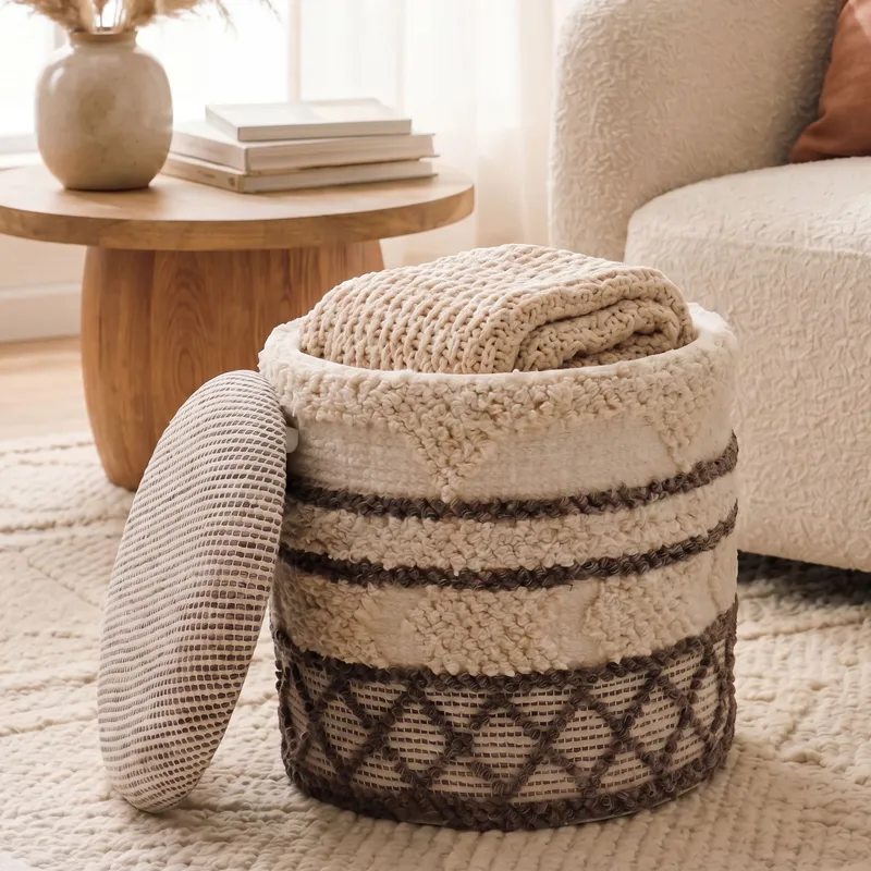 Volen rund sittepuff med oppbevaring i ullstoff - beige - Tekstiler & tepper - Tepper & pledd