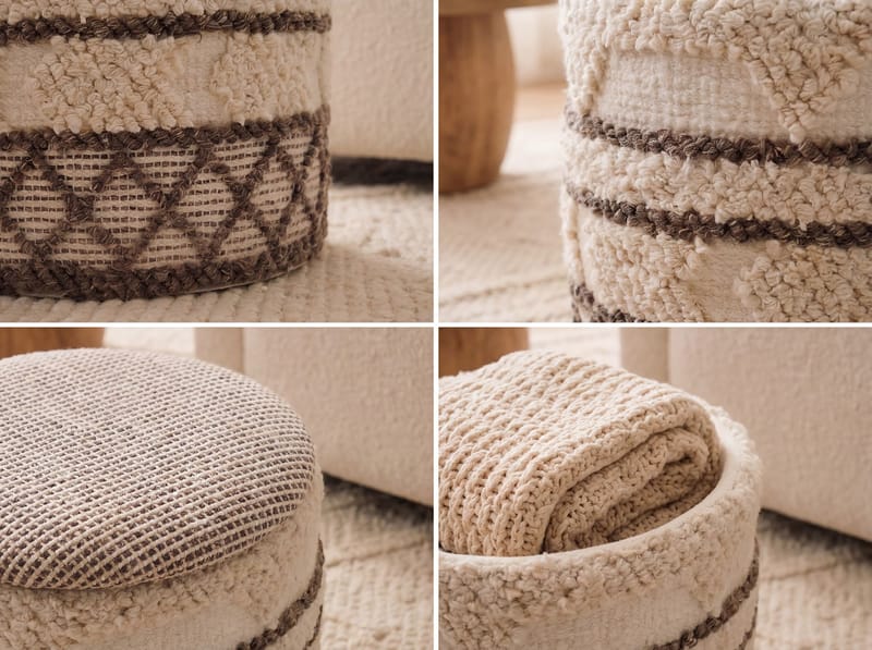 Volen rund sittepuff med oppbevaring i ullstoff - beige - Tekstiler & tepper - Tepper & pledd