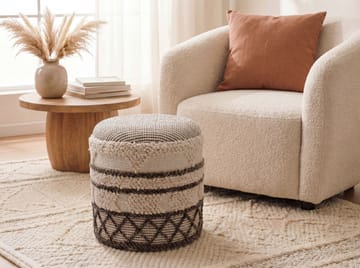 Volen rund sittepuff med oppbevaring i ullstoff - beige - Tekstiler & tepper - Tepper & pledd