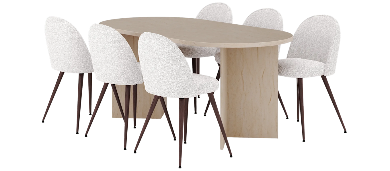 Dano Spisebord 180 cm med 6 Naira Plus Spisestoler, Travertin / Hvit