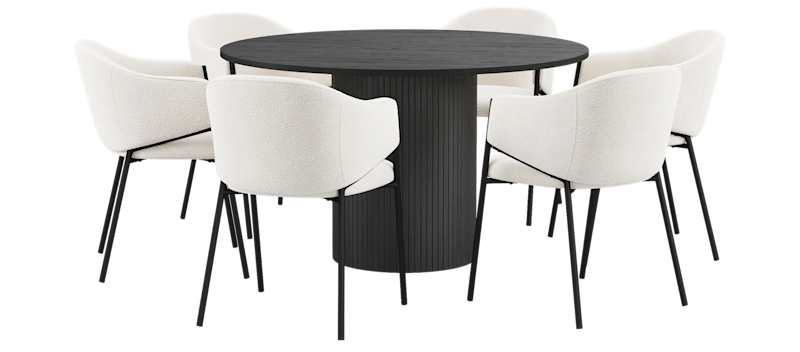 Kopparbo Rundt Spisebord 130 cm med 6 Filip Spisestoler, Svart tre / Hvit Bouclé