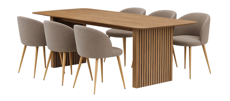 Richeto Spisebord 240 cm med 6 Greya Spisestoler med armlener, Naturlig finish / Greige Bouclé / Metallben Eik