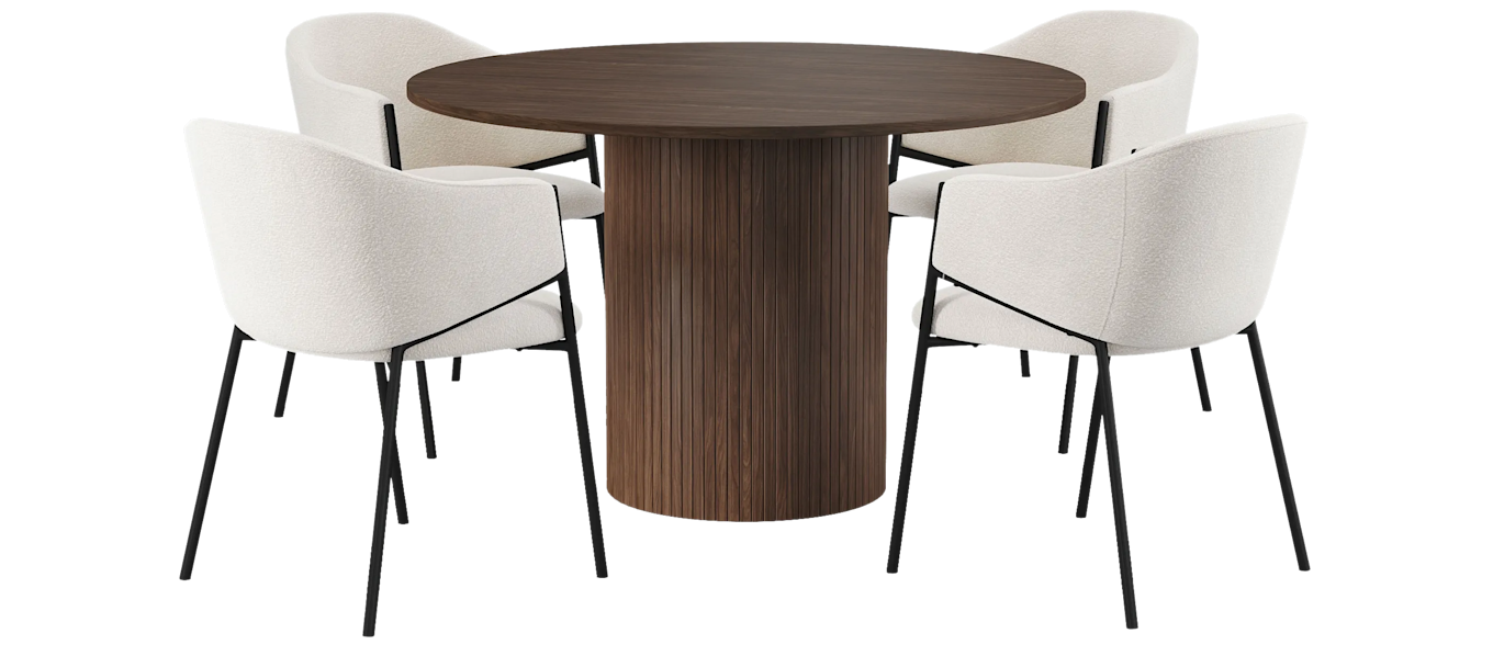 Kopparbo Rundt Spisebord 120 cm med 4 Filip Spisestoler, Mørkebrun / Hvit Bouclé