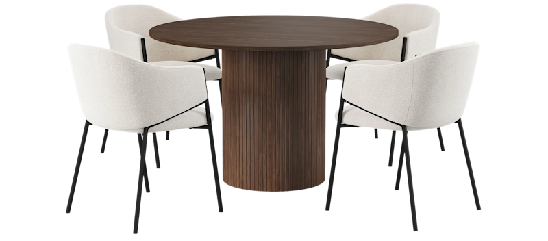 Kopparbo Rundt Spisebord 120 cm med 4 Filip Spisestoler, Mørkebrun / Taupe Bouclé