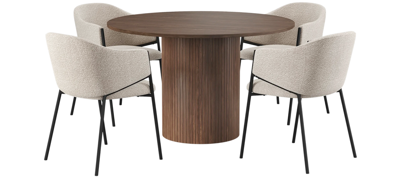 Kopparbo Rundt Spisebord 120 cm for 6 personer med 4 Filip Spisestoler, Mørkebrun / Taupe Bouclé
