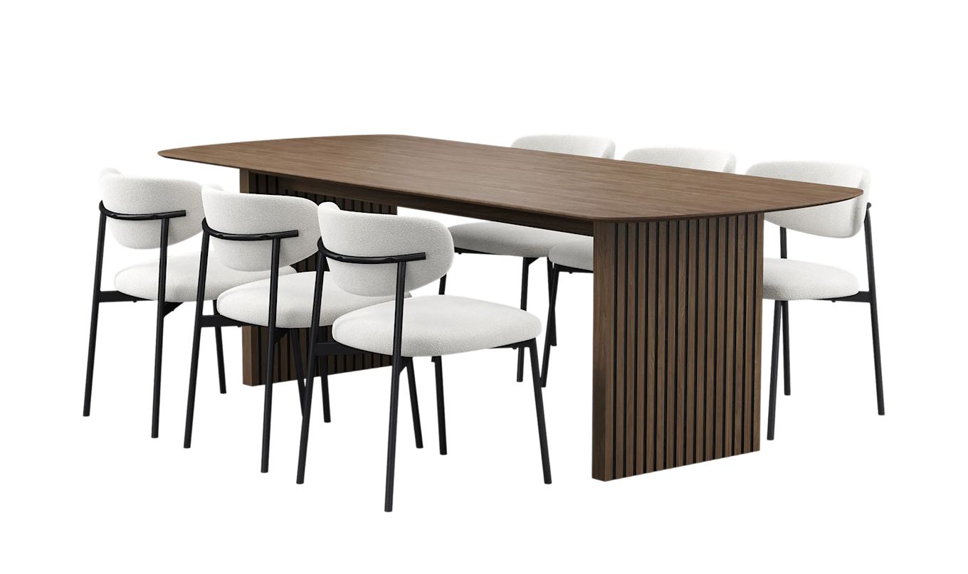 Richeto Spisebord 240 cm med 6 Lucy Spisestoler, Røkt eik / Hvit Bouclé